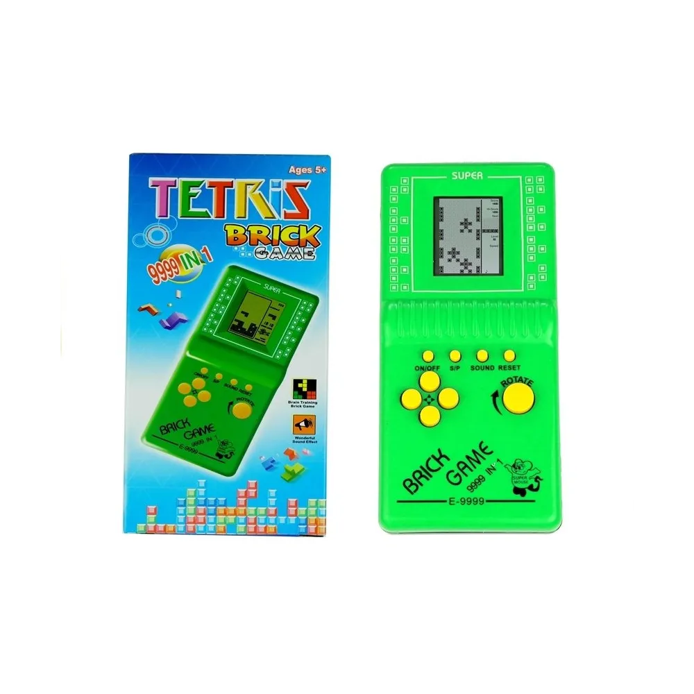 Zielona gra elektroniczna Tetris z żółtymi przyciskami w wersji kieszonkowej