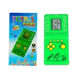 Zielona gra elektroniczna Tetris z żółtymi przyciskami w wersji kieszonkowej
