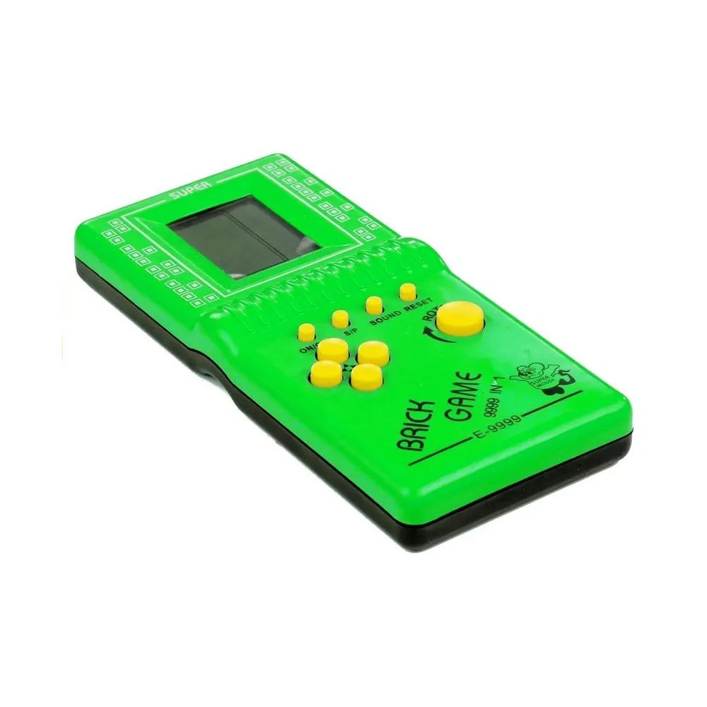 Zbliżenie na kieszonkowego Tetrisa z czytelnym ekranem i przyciskami