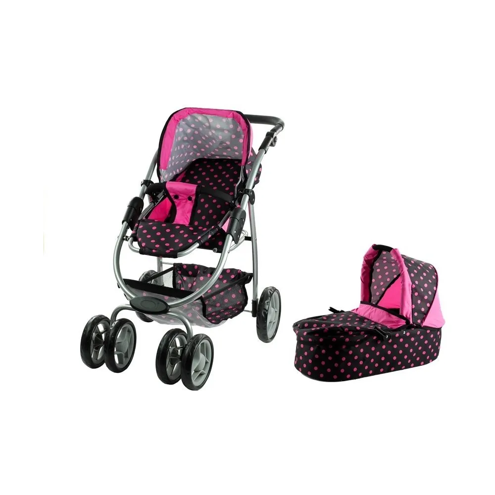 Głęboki wózek dla lalek Alice w czarne kropki z funkcją spacerówki