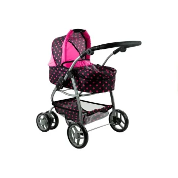 Czarny wózek dla lalek Alice z różowymi groszkami i regulowaną rączką