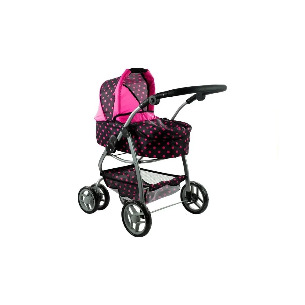Czarny wózek dla lalek Alice z różowymi groszkami i regulowaną rączką