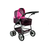 Czarny wózek dla lalek Alice z różowymi groszkami i regulowaną rączką