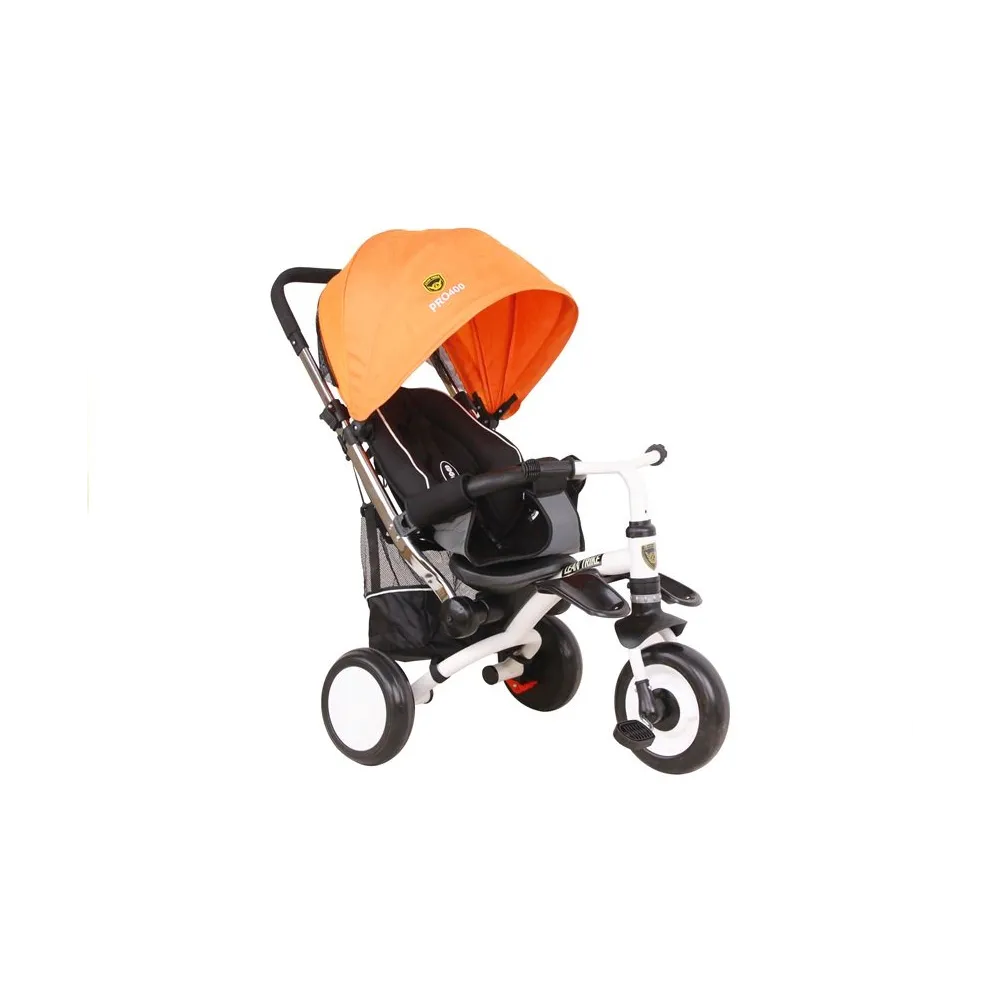 Rower trójkołowy PRO400 Pomarańczowy z piankowymi kołami i pasami