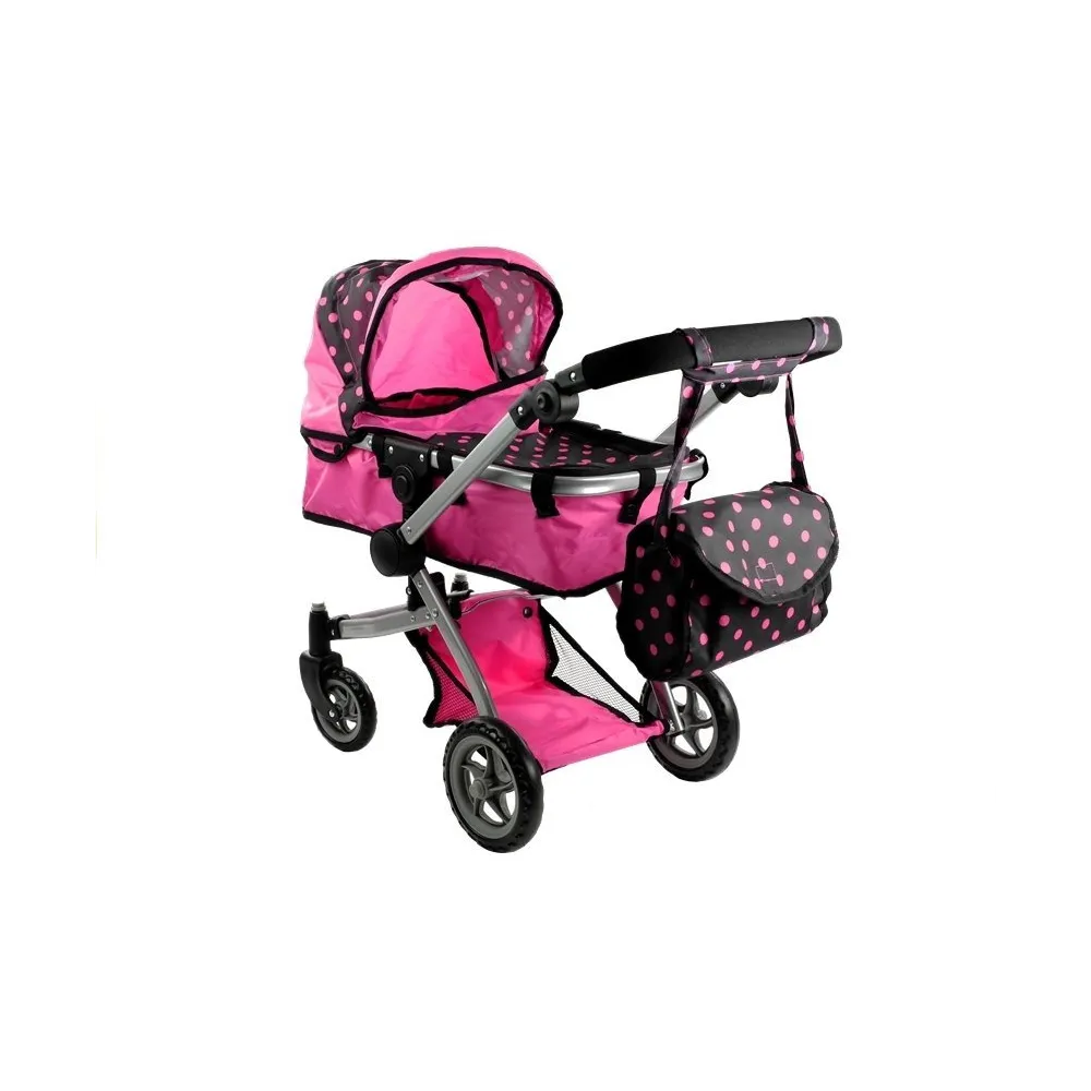 Wózek dla lalek Alice 2w1 w różowej wersji w groszki na białym tle