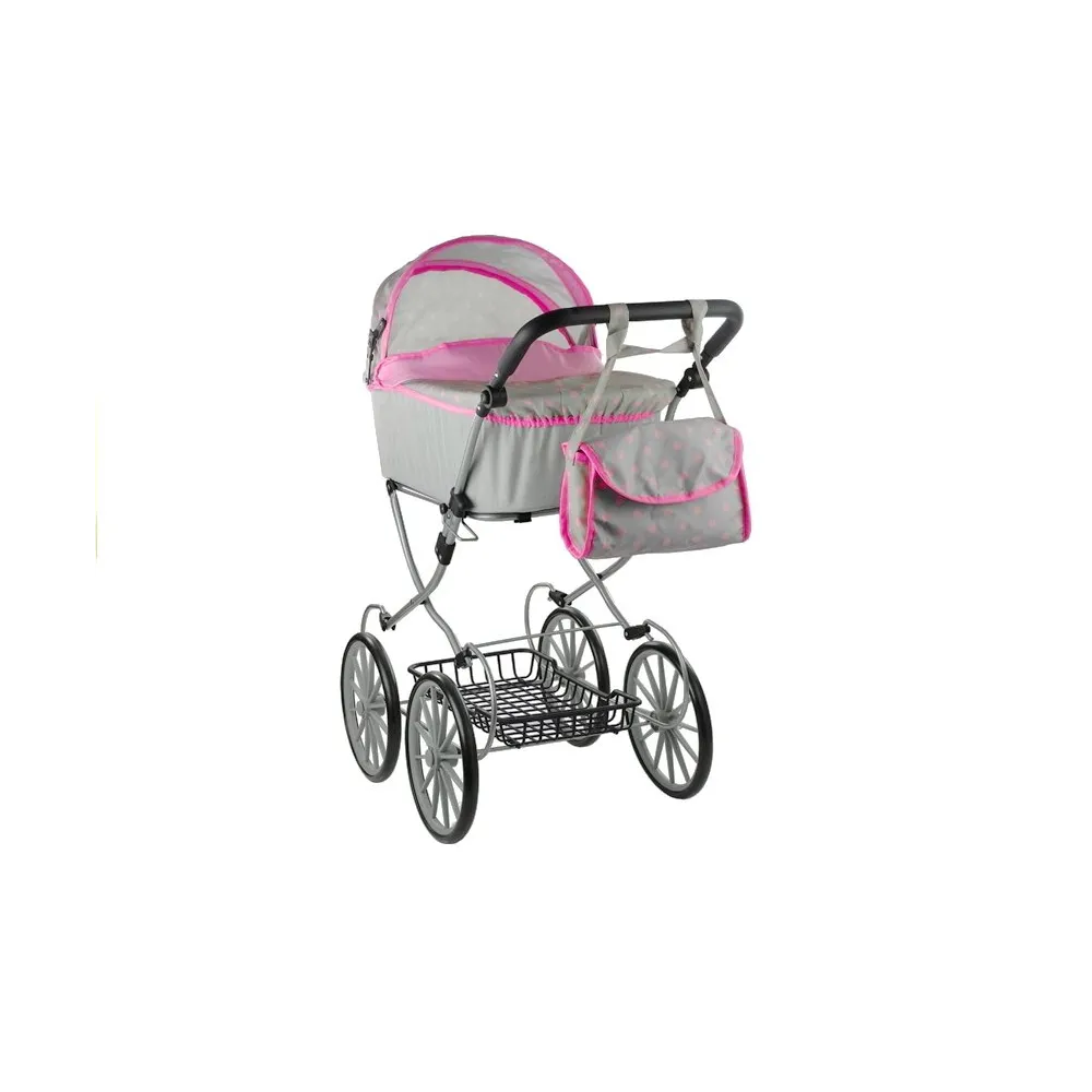 Stylowy wózek retro dla lalek z szarym materiałem i różowymi groszkami