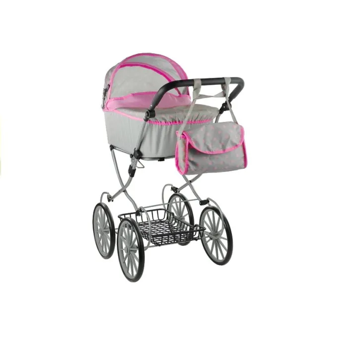 Stylowy wózek retro dla lalek z szarym materiałem i różowymi groszkami