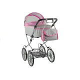 Stylowy wózek retro dla lalek z szarym materiałem i różowymi groszkami