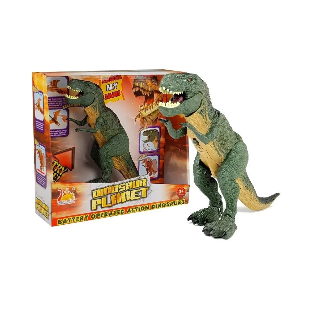 Zielony tyranozaur zabawka na baterie chodzący po podłodze