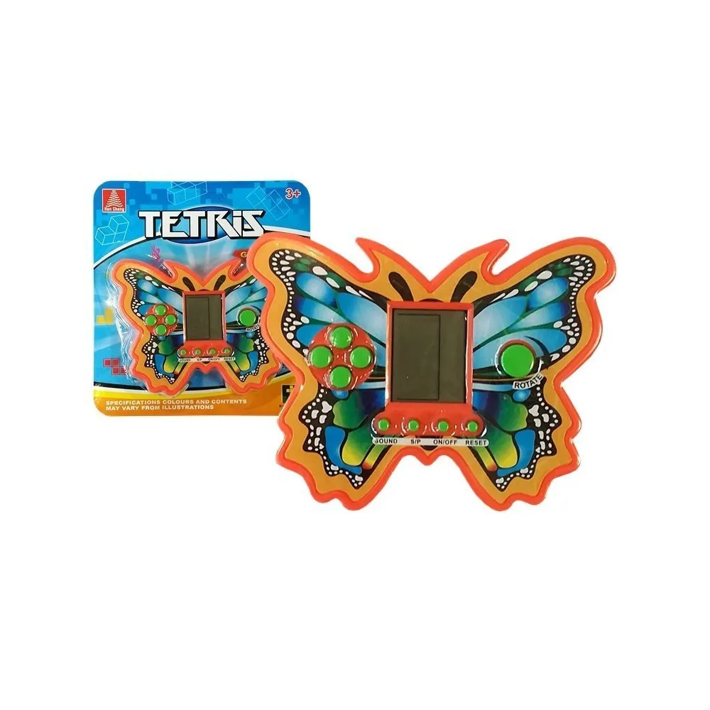 Pomarańczowa gra elektroniczna Tetris w kształcie motyla, widok z przodu