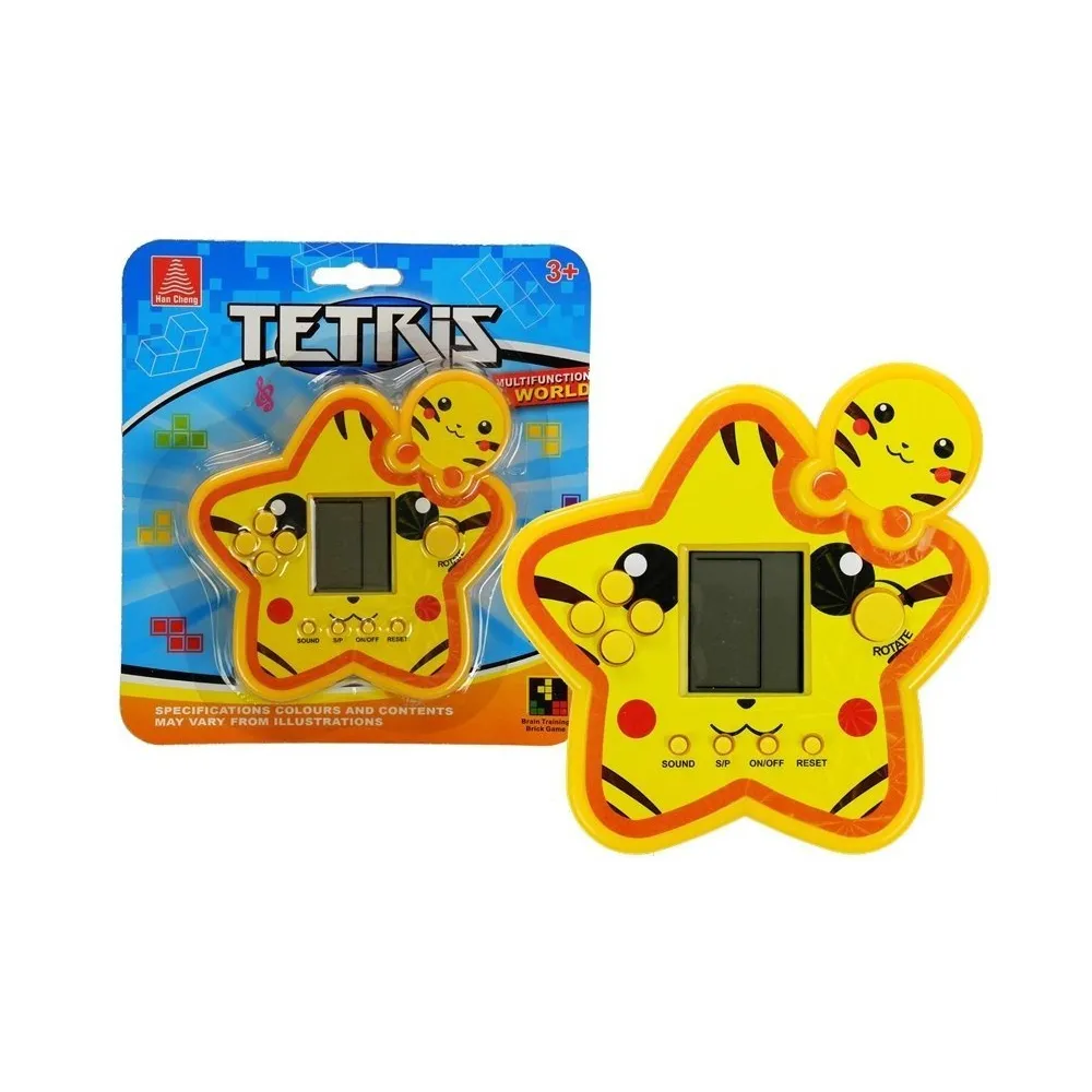 Żółta gra elektroniczna Tetris w kształcie gwiazdki na białym tle