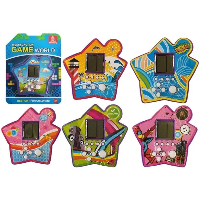 Elektroniczna gra Tetris, fioletowa gwiazdka na białym tle