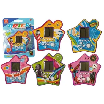 Fioletowa gra kieszonkowa Tetris na białym tle, kompaktowa obudowa