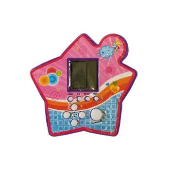 Miniaturowa gra elektroniczna Tetris w fioletowej obudowie na dłoni