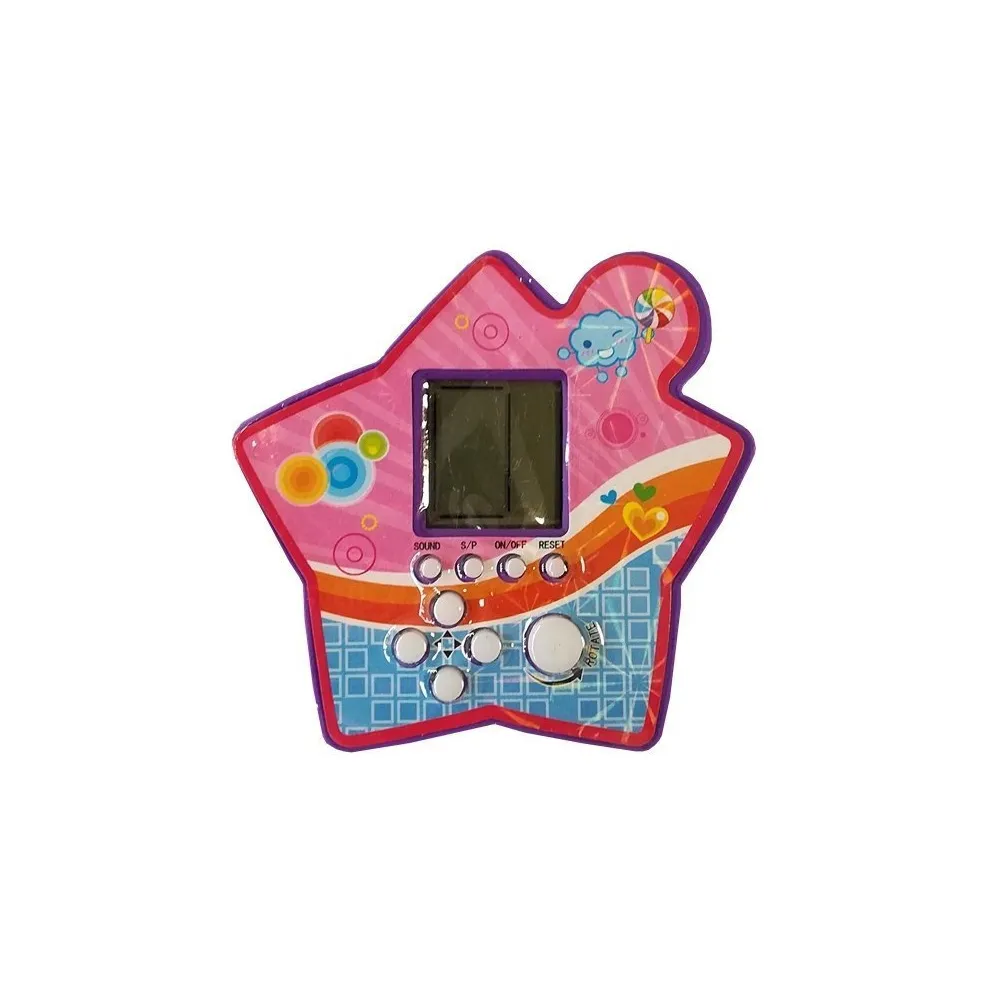 Miniaturowa gra elektroniczna Tetris w fioletowej obudowie na dłoni