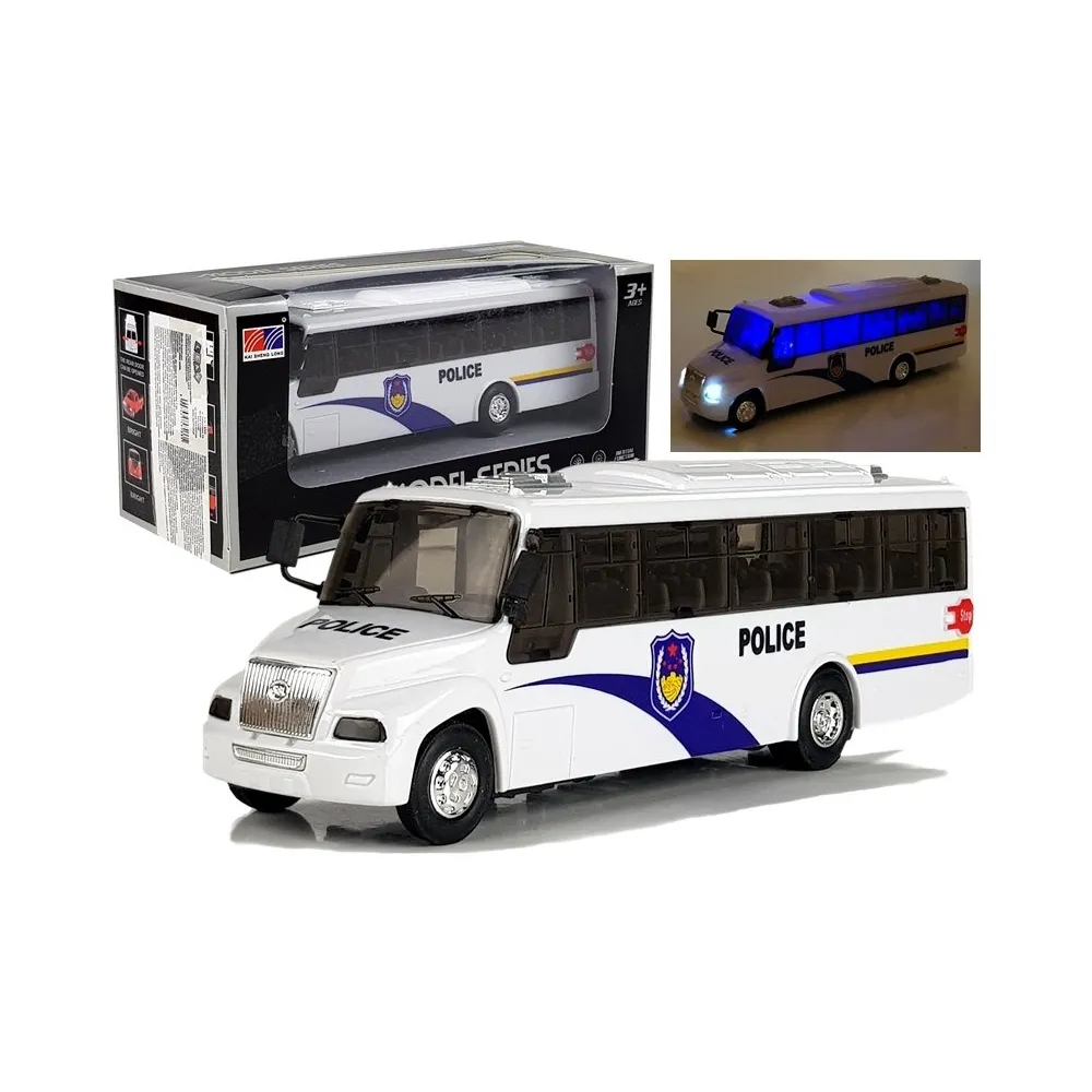 Biały model autobusu policyjnego z efektami świetlnymi i dźwiękowymi