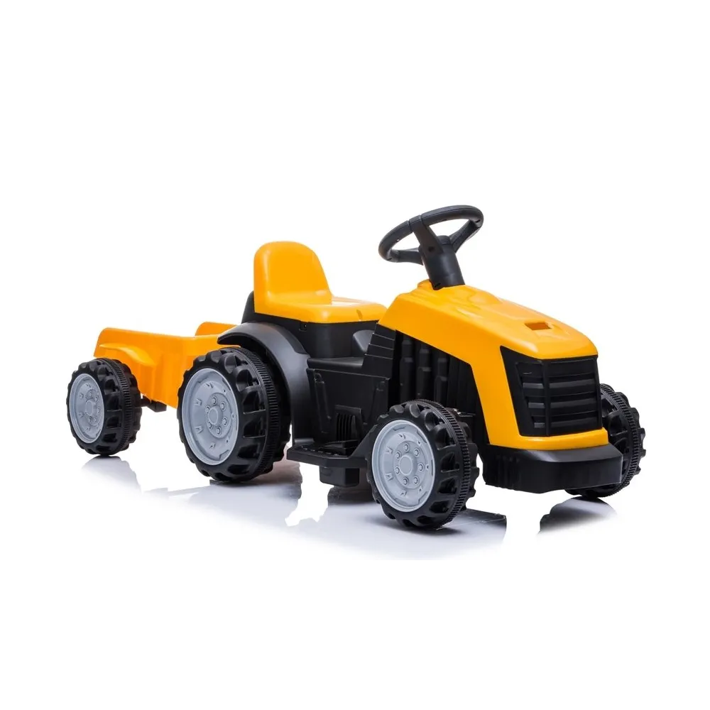 Żółty traktor na akumulator dla dzieci z przyczepą do przewożenia zabawek