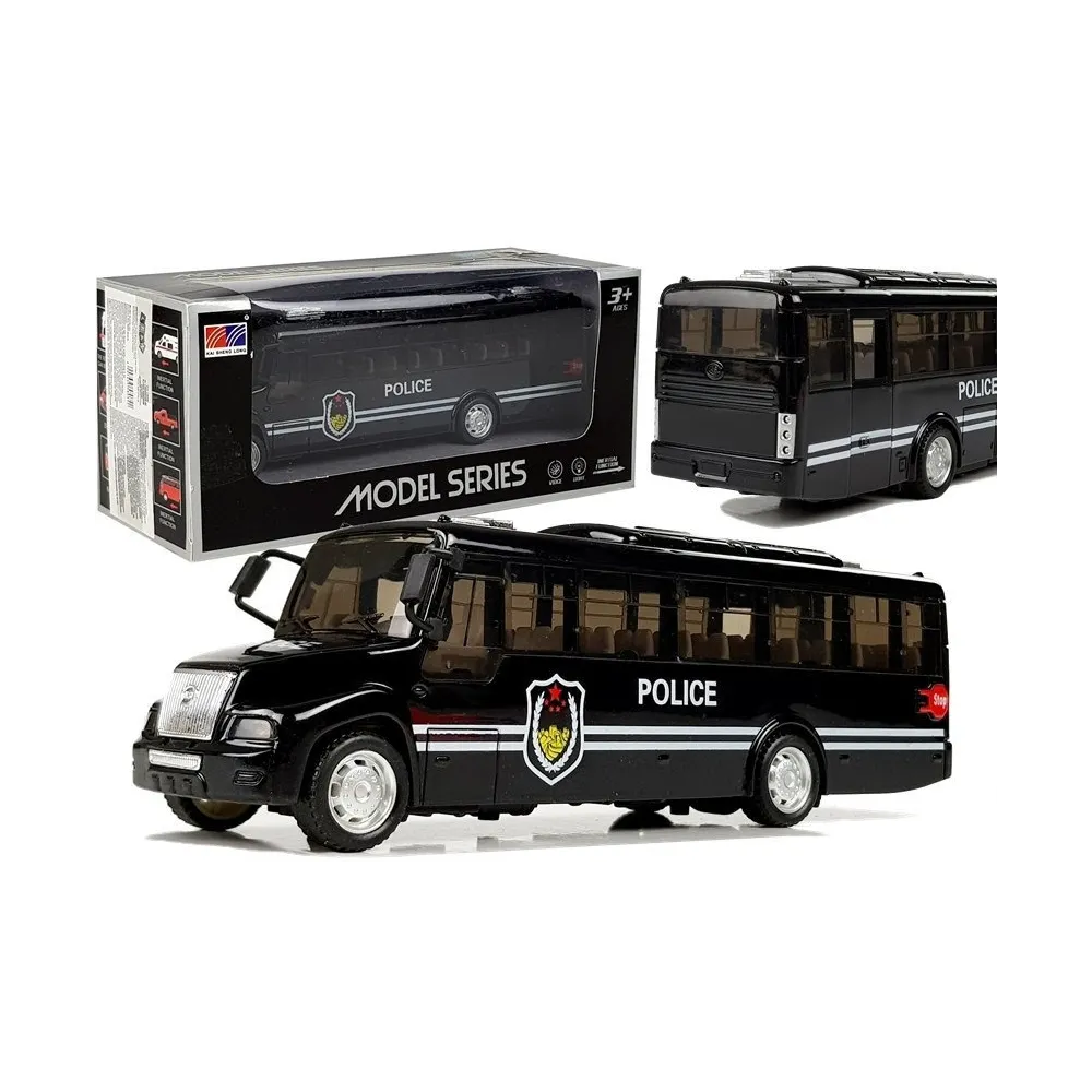 Czarny model autobusu policyjnego z oświetleniem LED i dźwiękiem