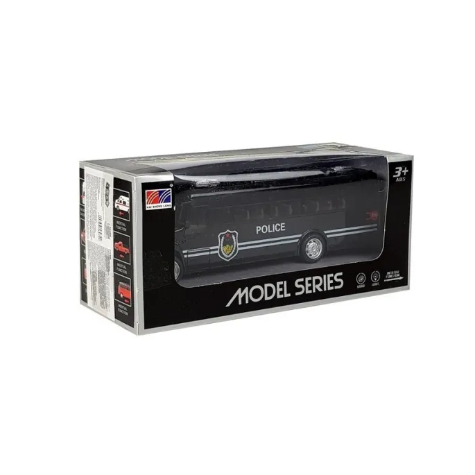 Realistyczny policyjny autobus zabawka z napędem pull-back i srebrnymi detalami