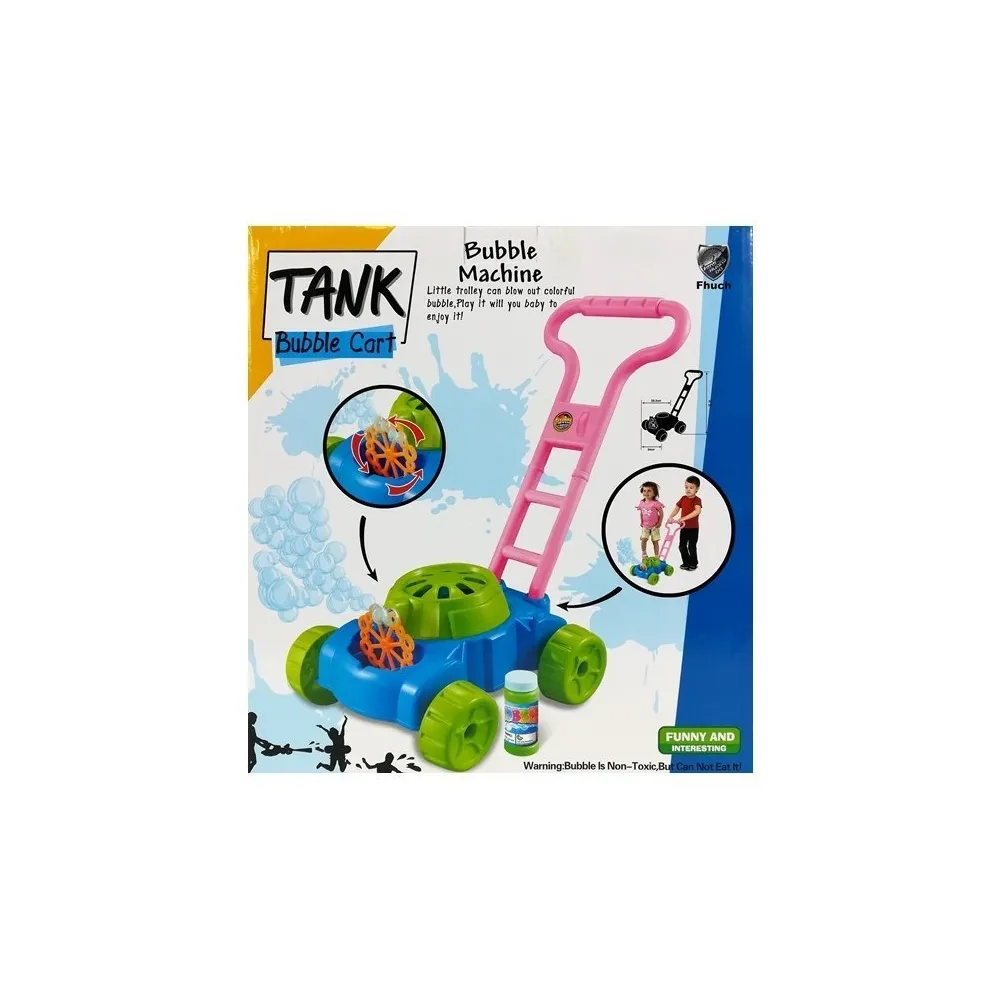 Zabawka pchacz z funkcją maszynki do kolorowych baniek mydlanych