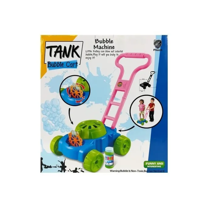 Zabawka pchacz z funkcją maszynki do kolorowych baniek mydlanych