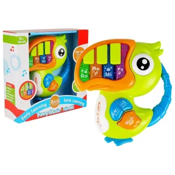 Zielone pianinko organki dziecięce w kształcie papugi z kolorowymi klawiszami