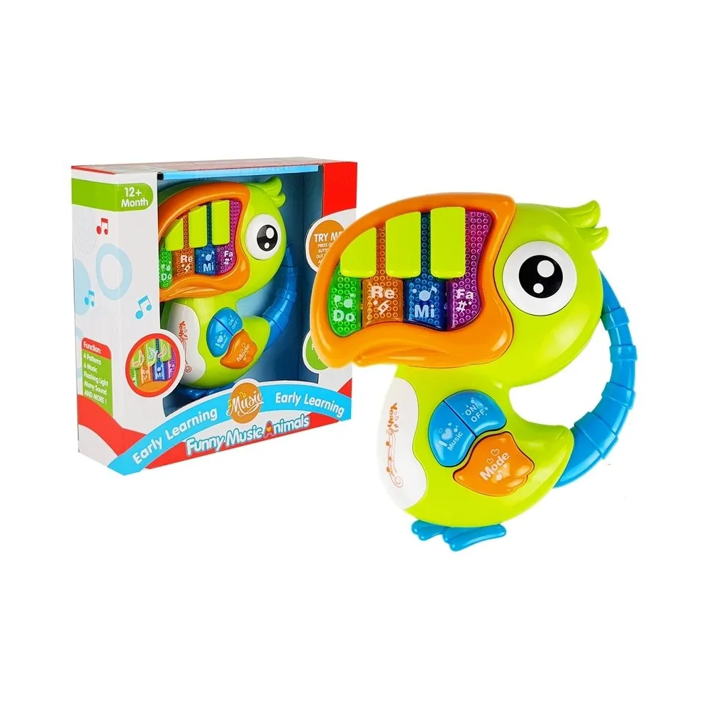 Zielone pianinko organki dziecięce w kształcie papugi z kolorowymi klawiszami