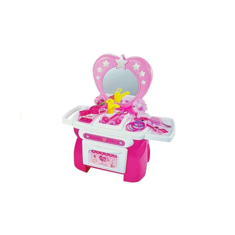 Duża różowa toaletka z lustrem i komplet akcesoriów do włosów