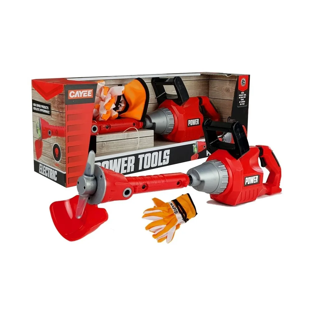 Zestaw ogrodnika dla dzieci z podkaszarką i rękawicami, widok całości