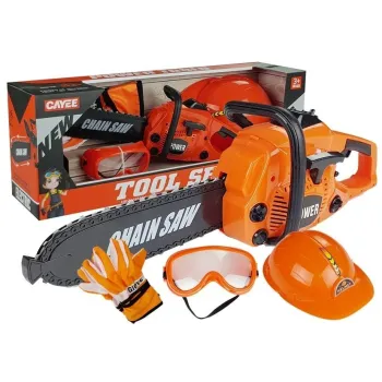 Zestaw narzędzi dla dzieci z piłą, kaskiem, rękawicami i okularami