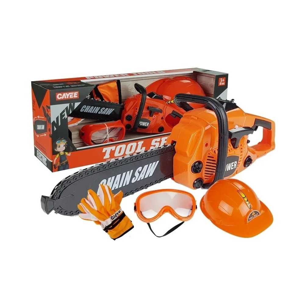 Zestaw narzędzi dla dzieci z piłą, kaskiem, rękawicami i okularami