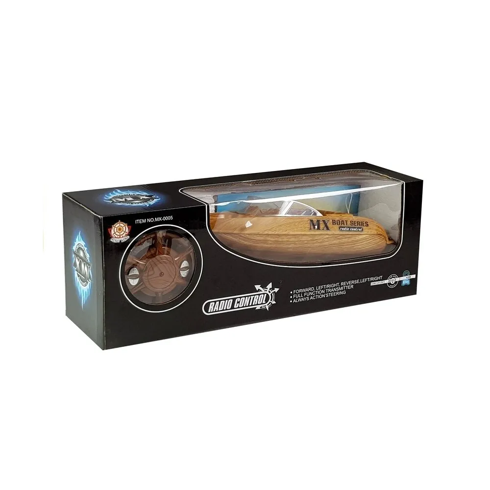 Zabawka łódka RC w akcji na niewielkim zbiorniku wodnym