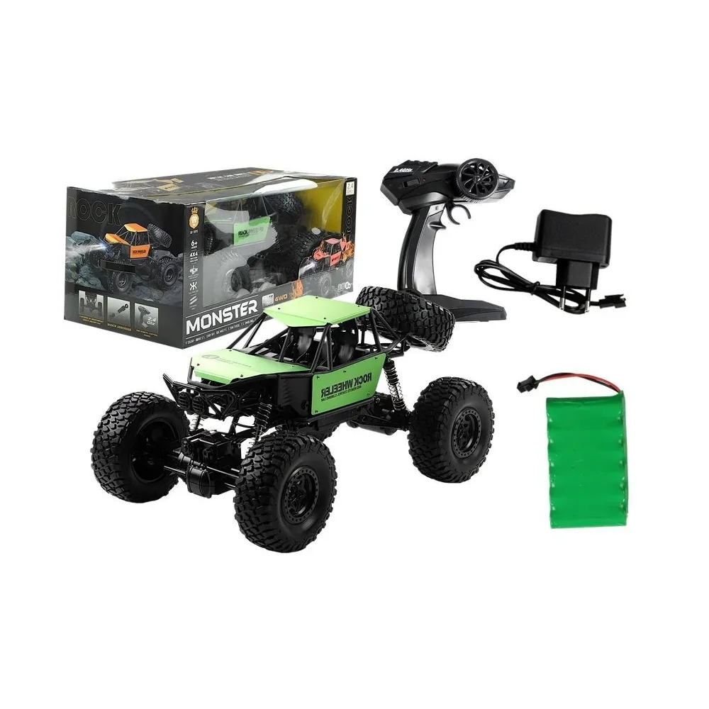 Auto zdalnie sterowane Monster Truck zielony na resorach na tle białym