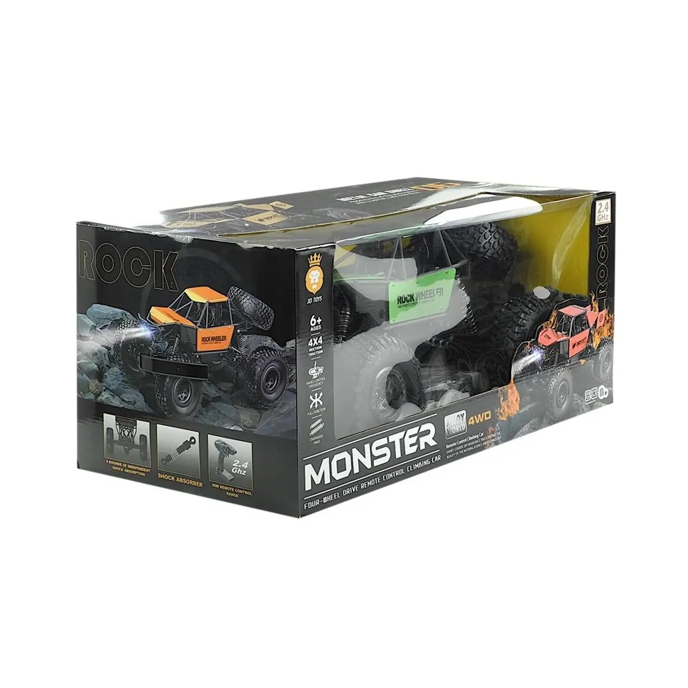 Monster Truck RC zielony, widok z boku na duże gumowe koła