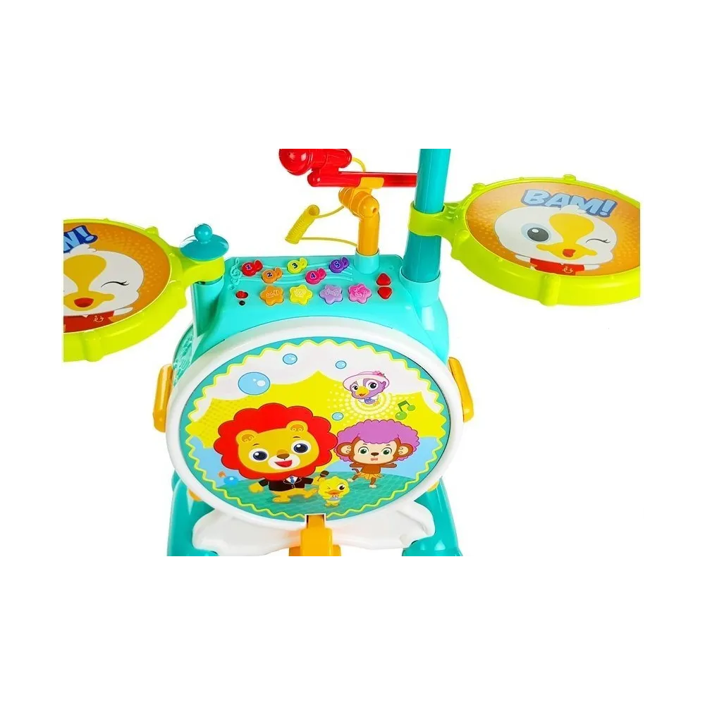 Kolorowa zabawkowa perkusja z realistycznymi dźwiękami i efektami świetlnymi