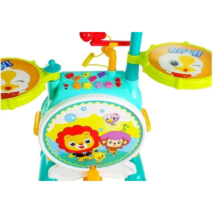 Kolorowa zabawkowa perkusja z realistycznymi dźwiękami i efektami świetlnymi