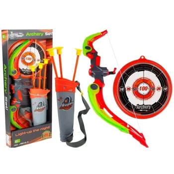 Zielony łuk zabawkowy z tarczą i trzema strzałami na przyssawki