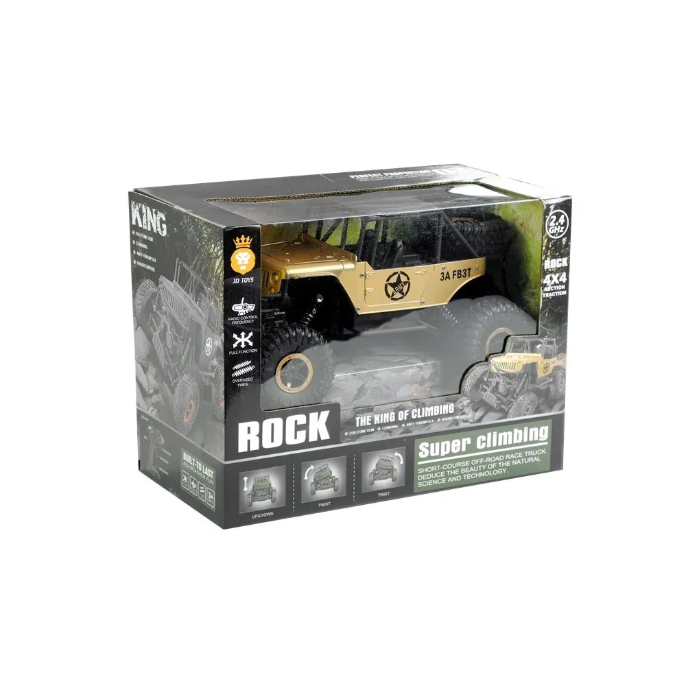 Zbliżenie na detale złotego auta zdalnie sterowanego Jeep 1:18