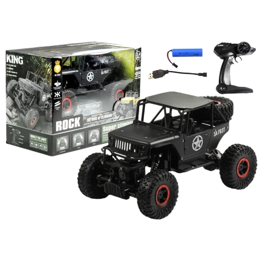 Czarne auto zdalnie sterowane Jeep R/C 1:18 na białym tle