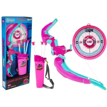 Różowy łuk z tarczą i strzałami dla dzieci z efektem świetlnym