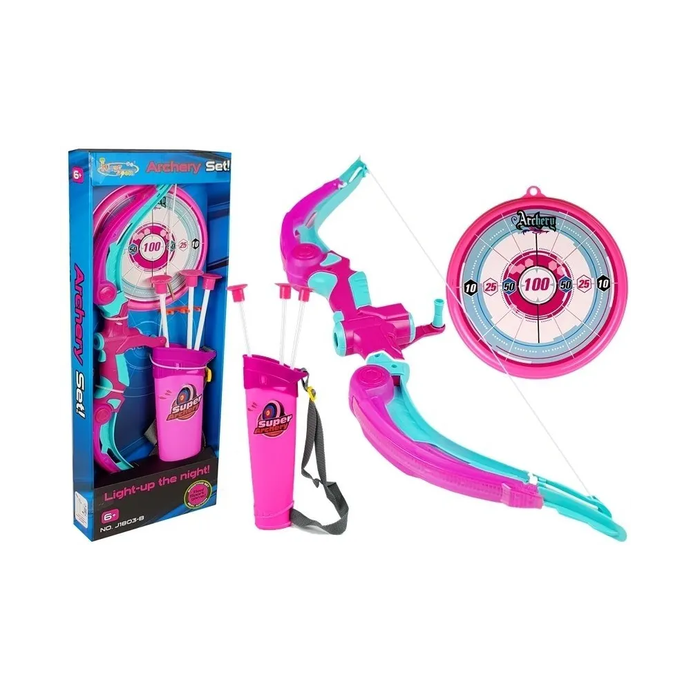 Różowy łuk z tarczą i strzałami dla dzieci z efektem świetlnym