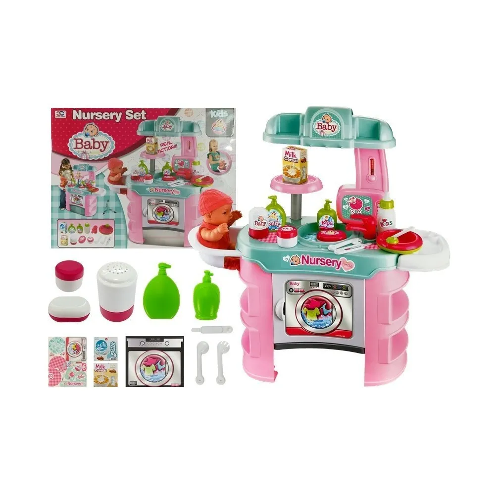 stolik do opieki niemowlaka z pralką i akcesoriami dla dzieci