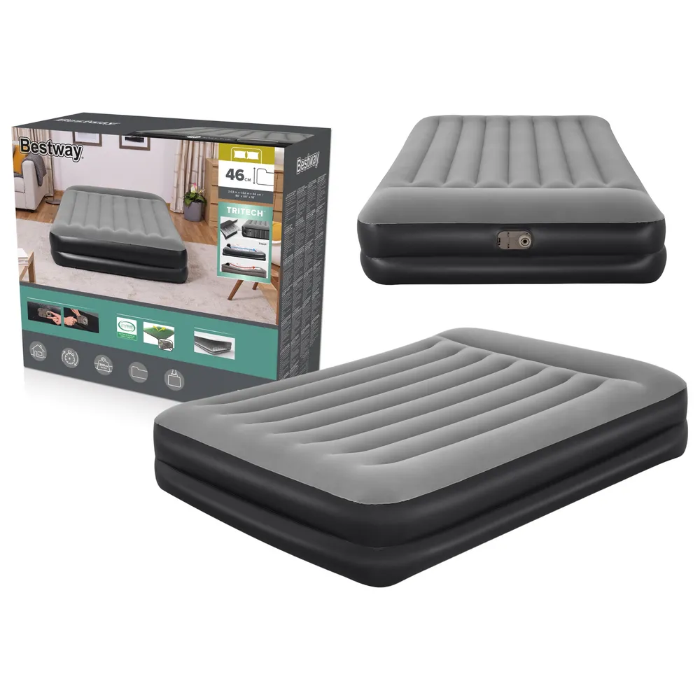 Dmuchany materac Bestway 203x152x46 cm na tle salonu z sofą