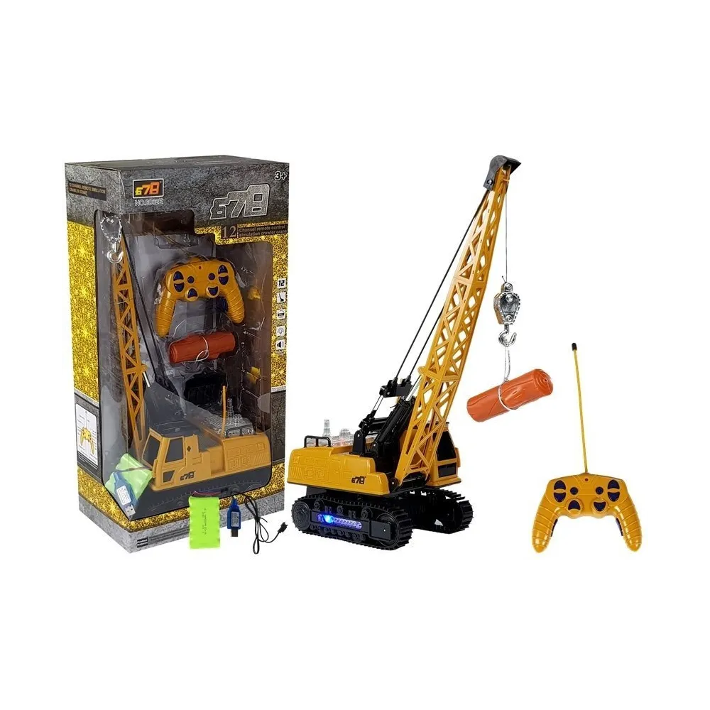 Zdalnie sterowany dźwig budowlany RC z ruchomym ramieniem w kolorze żółtym