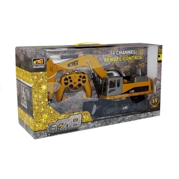 Koparka RC ustawiona na placu budowy, pokazująca możliwości manewrowania