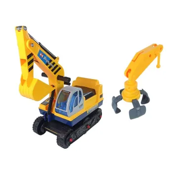 Żółty jeździk koparka dla dzieci z ruchomym ramieniem z boku