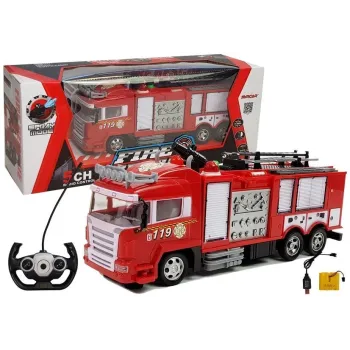 Zdalnie sterowany czerwony wóz strażacki z drabiną na gumowych kołach