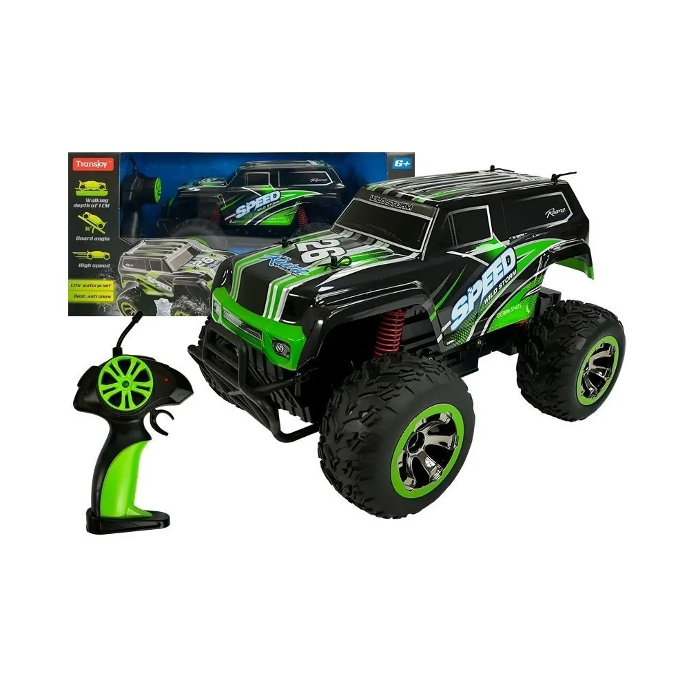 Zielony Jeep RC 1:18 jadący po kamienistej drodze terenowej