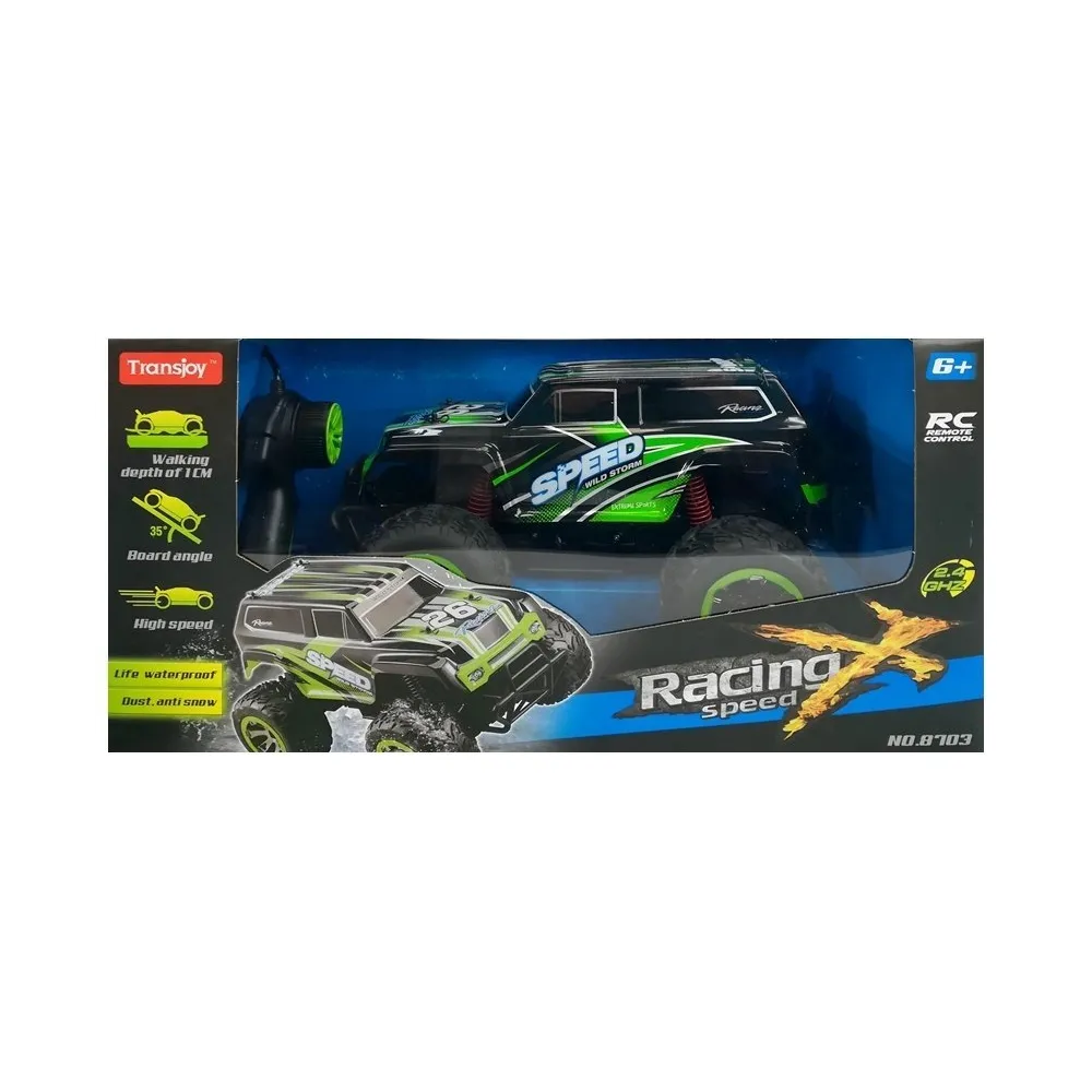 Wytrzymały Jeep zdalnie sterowany prezentowany na tle skalistego terenu