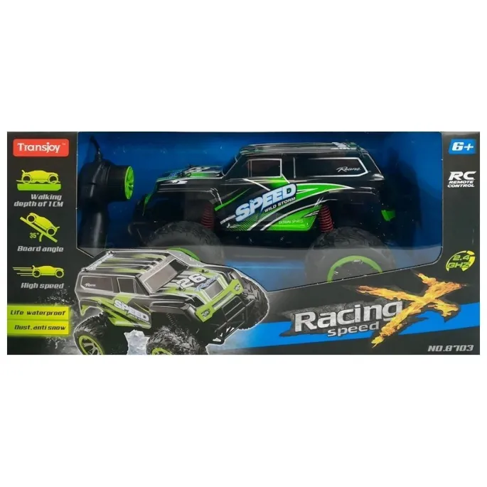 Wytrzymały Jeep zdalnie sterowany prezentowany na tle skalistego terenu